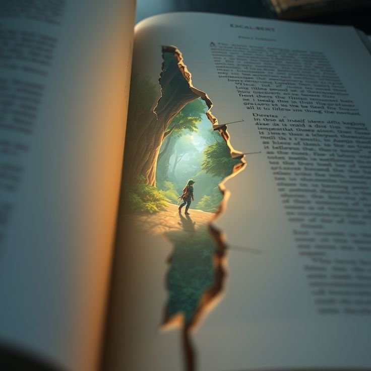A torn book page revealing a miniature forest — gateway to story